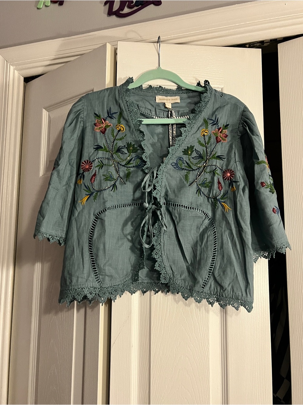 Embroidered Tie-Front Boho Blouse in Dusty Teal